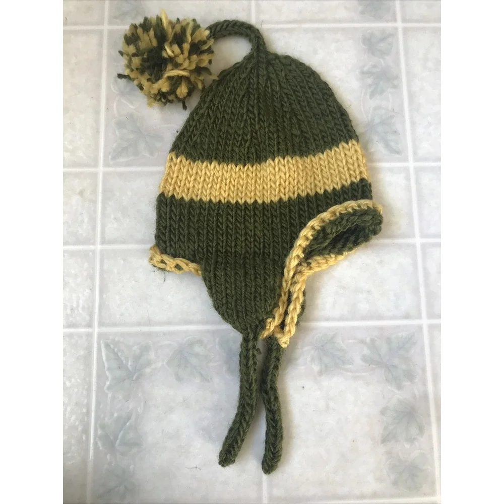 Child Ear Flap Hat Green & Gold Pom Pom Medium Weight six months -‎ 2 years Size